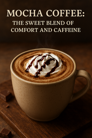 Close-up of a mocha coffee cup topped with whipped cream and chocolate drizzle on a rustic wooden table — Coffee Brew Shop.